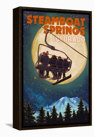 Steamboat Springs, Colorado - Ski Lift and Full Moon-Lantern Press-Framed Stretched Canvas