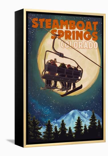 Steamboat Springs, Colorado - Ski Lift and Full Moon-Lantern Press-Framed Stretched Canvas