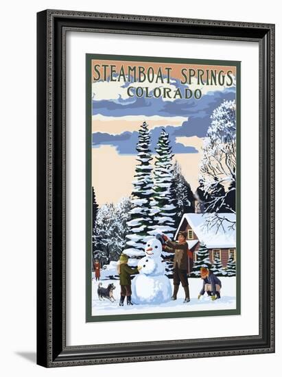 Steamboat Springs, Colorado - Snowman Scene-Lantern Press-Framed Art Print