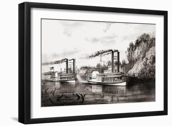 Steamboats racing on the Mississippi river, USA-N. and Ives, J.M. Currier-Framed Giclee Print