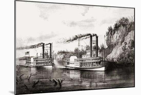 Steamboats racing on the Mississippi river, USA-N. and Ives, J.M. Currier-Mounted Giclee Print