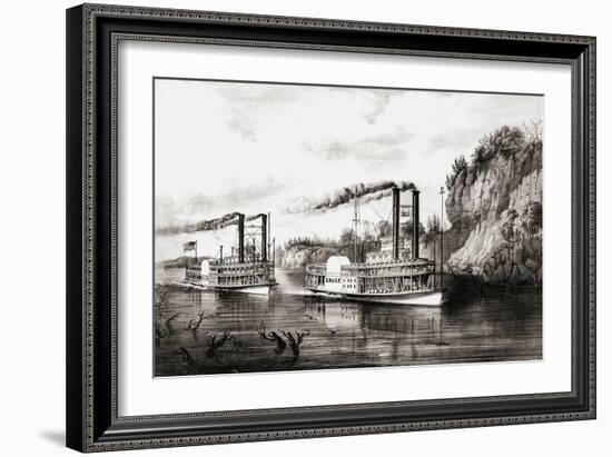 Steamboats racing on the Mississippi river, USA-N. and Ives, J.M. Currier-Framed Giclee Print