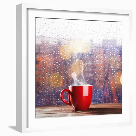 Steaming Cup of Coffee over a Cityscape Background-George D.-Framed Photographic Print