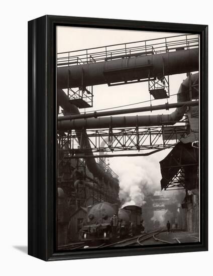 Steaming Hot Steel Slag Being Poured into Freight Cars on Railroad Siding at Steel Plant-Margaret Bourke-White-Framed Premier Image Canvas