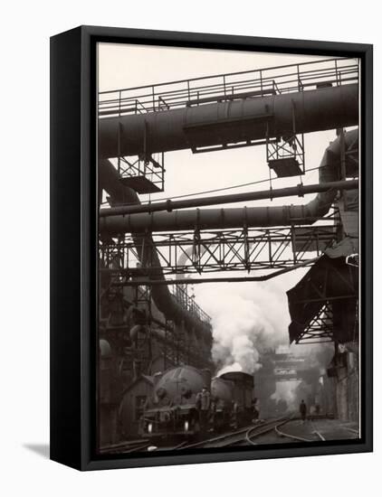 Steaming Hot Steel Slag Being Poured into Freight Cars on Railroad Siding at Steel Plant-Margaret Bourke-White-Framed Premier Image Canvas