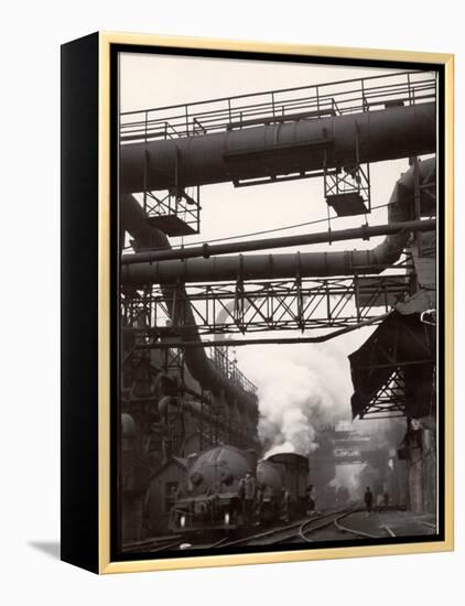 Steaming Hot Steel Slag Being Poured into Freight Cars on Railroad Siding at Steel Plant-Margaret Bourke-White-Framed Premier Image Canvas