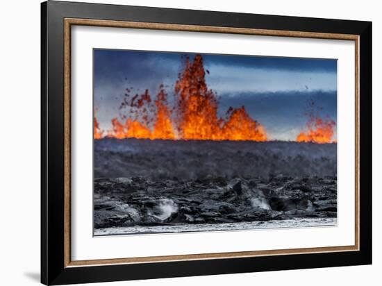 Steaming Lava and Plumes at the Holuhraun Fissure Eruption near Bardarbunga Volcano, Iceland-Arctic-Images-Framed Photographic Print