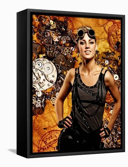 Steampunk Girl Over Grunge Background-NejroN Photo-Framed Premier Image Canvas