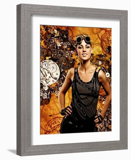 Steampunk Girl Over Grunge Background-NejroN Photo-Framed Photographic Print