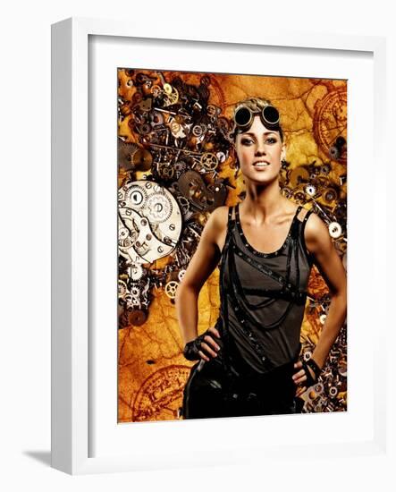 Steampunk Girl Over Grunge Background-NejroN Photo-Framed Photographic Print