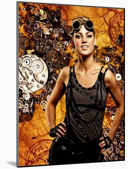 Steampunk Girl Over Grunge Background-NejroN Photo-Mounted Photographic Print