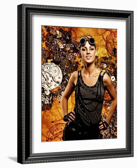 Steampunk Girl Over Grunge Background-NejroN Photo-Framed Photographic Print