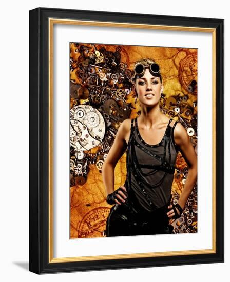 Steampunk Girl Over Grunge Background-NejroN Photo-Framed Photographic Print