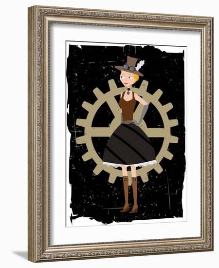 Steampunk Woman On Gear Grunge-mheld-Framed Art Print