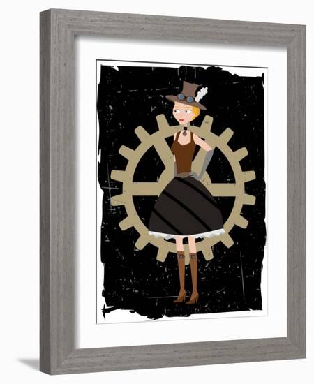 Steampunk Woman On Gear Grunge-mheld-Framed Art Print