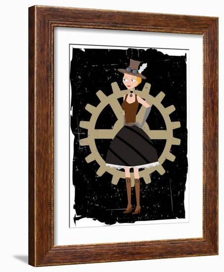 Steampunk Woman On Gear Grunge-mheld-Framed Art Print