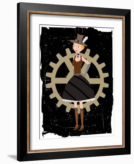 Steampunk Woman On Gear Grunge-mheld-Framed Art Print