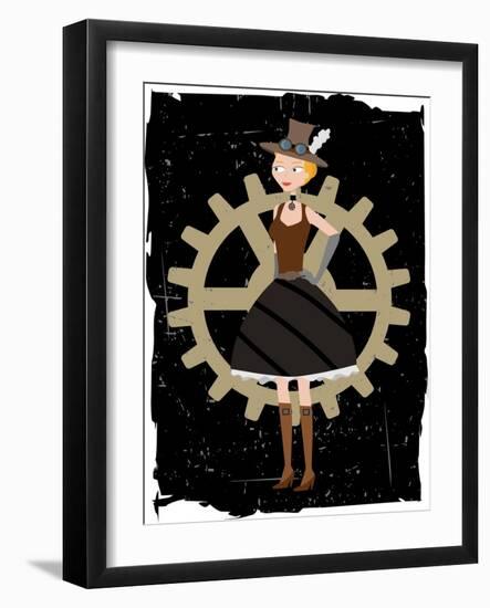 Steampunk Woman On Gear Grunge-mheld-Framed Art Print