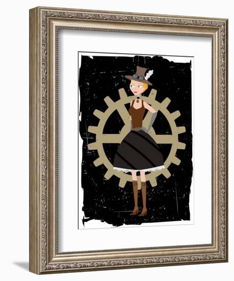 Steampunk Woman On Gear Grunge-mheld-Framed Art Print