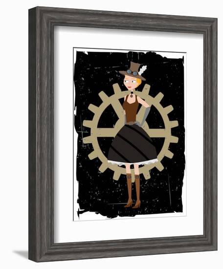 Steampunk Woman On Gear Grunge-mheld-Framed Art Print