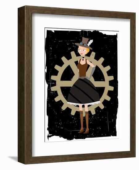 Steampunk Woman On Gear Grunge-mheld-Framed Art Print