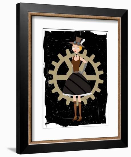 Steampunk Woman On Gear Grunge-mheld-Framed Art Print