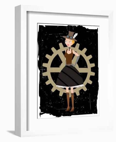 Steampunk Woman On Gear Grunge-mheld-Framed Art Print