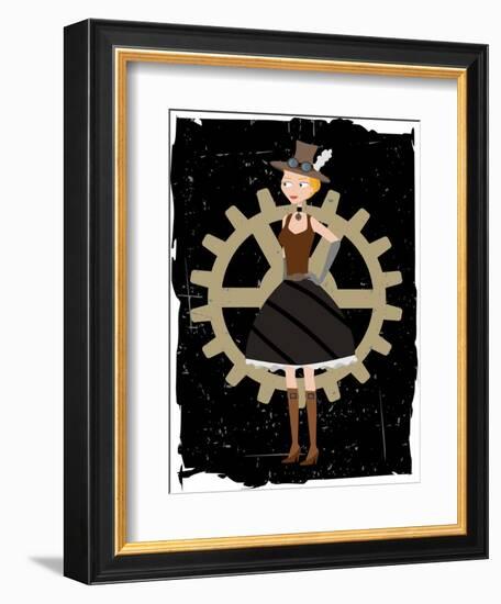 Steampunk Woman On Gear Grunge-mheld-Framed Premium Giclee Print