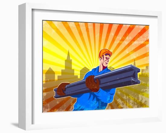 Steel Worker Carry I-Beam Retro Poster-patrimonio-Framed Art Print