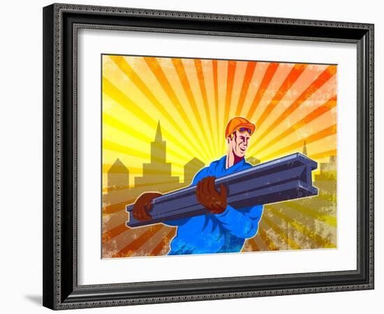 Steel Worker Carry I-Beam Retro Poster-patrimonio-Framed Art Print