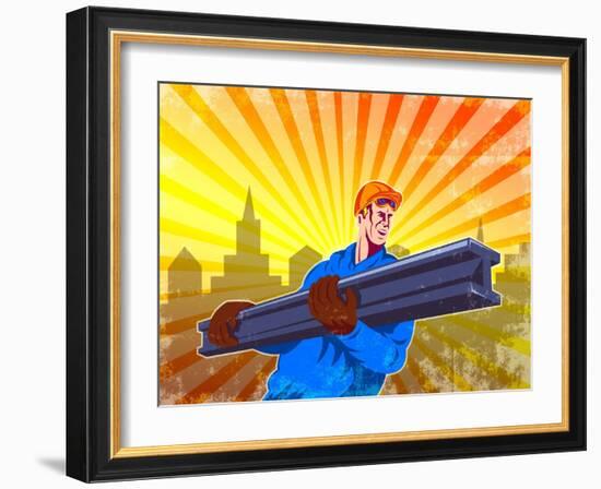 Steel Worker Carry I-Beam Retro Poster-patrimonio-Framed Art Print