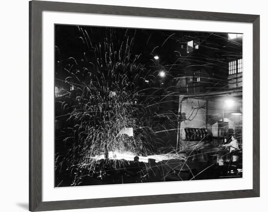 Steel Worker Mrs. Florence Romanowski Operating Stamping Machine that brands into steels-Margaret Bourke-White-Framed Premium Photographic Print