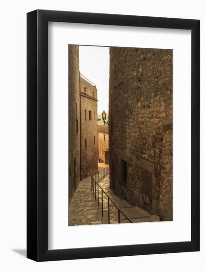 Steep and narrow winding street in gorgeous medieval hilltop walled village, Pals, Baix Emporda, Gi-Eleanor Scriven-Framed Photographic Print