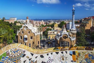 Entrance of Park Güell with City Skyline Behind, Barcelona, Catalonia ...