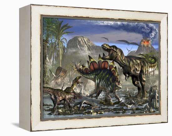 Stegosaurus Defending Himself from T-Rex and Some Utahraptors-Stocktrek Images-Framed Stretched Canvas