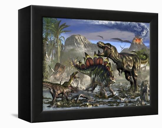 Stegosaurus Defending Himself from T-Rex and Some Utahraptors-Stocktrek Images-Framed Stretched Canvas