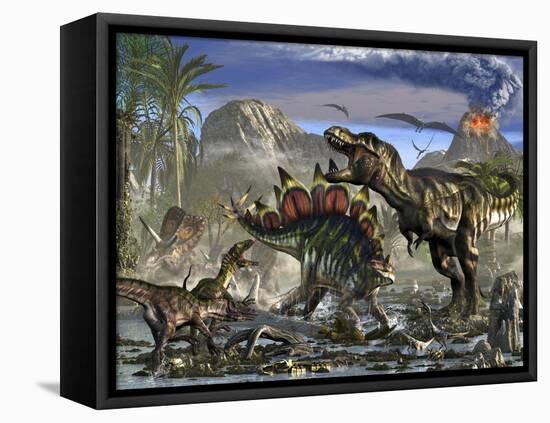 Stegosaurus Defending Himself from T-Rex and Some Utahraptors-Stocktrek Images-Framed Stretched Canvas