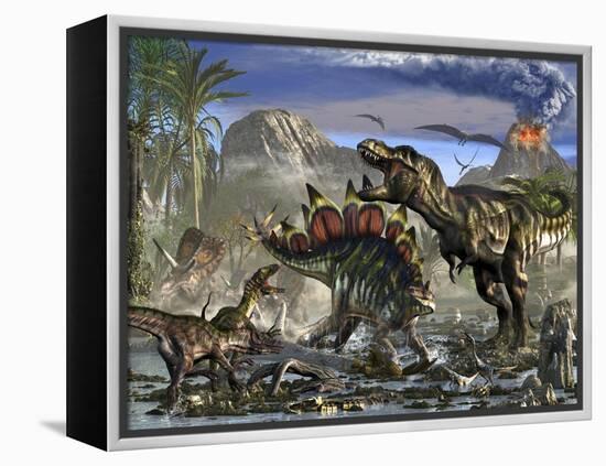 Stegosaurus Defending Himself from T-Rex and Some Utahraptors-Stocktrek Images-Framed Stretched Canvas