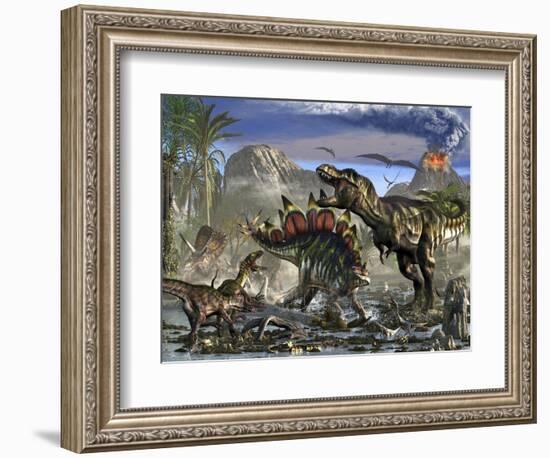 Stegosaurus Defending Himself from T-Rex and Some Utahraptors-Stocktrek Images-Framed Art Print