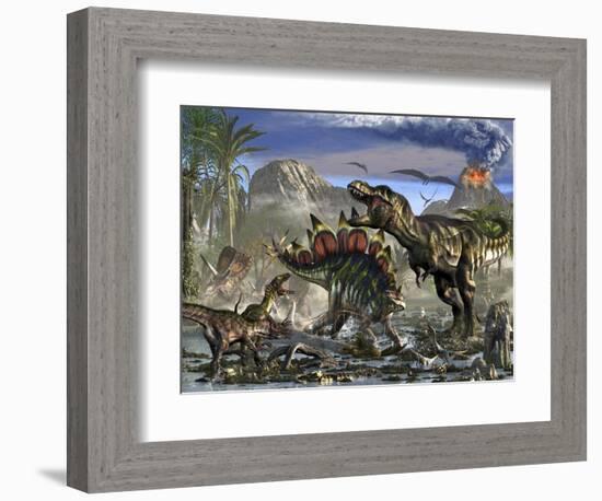 Stegosaurus Defending Himself from T-Rex and Some Utahraptors-Stocktrek Images-Framed Art Print