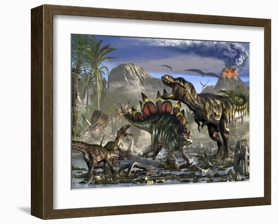 Stegosaurus Defending Himself from T-Rex and Some Utahraptors-Stocktrek Images-Framed Art Print