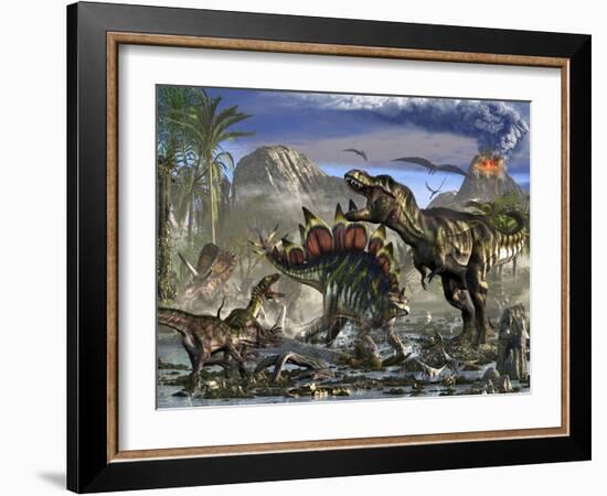 Stegosaurus Defending Himself from T-Rex and Some Utahraptors-Stocktrek Images-Framed Art Print