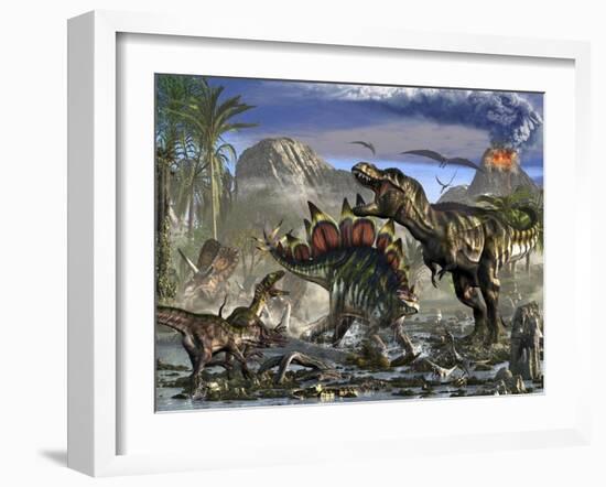 Stegosaurus Defending Himself from T-Rex and Some Utahraptors-Stocktrek Images-Framed Art Print