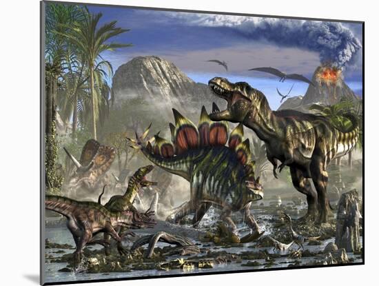 Stegosaurus Defending Himself from T-Rex and Some Utahraptors-Stocktrek Images-Mounted Art Print