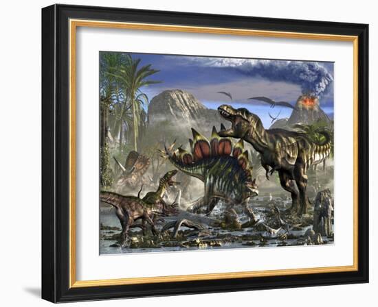 Stegosaurus Defending Himself from T-Rex and Some Utahraptors-Stocktrek Images-Framed Art Print