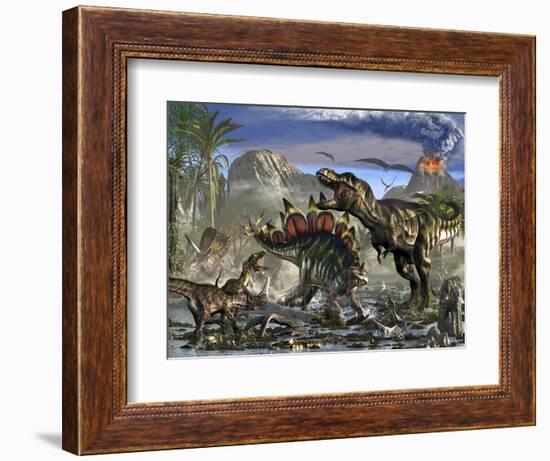 Stegosaurus Defending Himself from T-Rex and Some Utahraptors-Stocktrek Images-Framed Premium Giclee Print