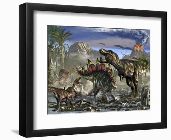 Stegosaurus Defending Himself from T-Rex and Some Utahraptors-Stocktrek Images-Framed Premium Giclee Print