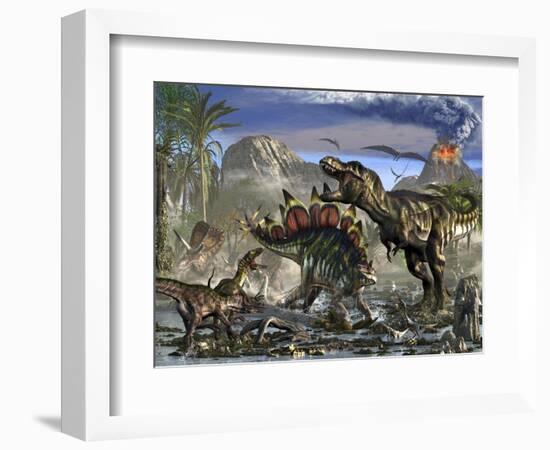 Stegosaurus Defending Himself from T-Rex and Some Utahraptors-Stocktrek Images-Framed Premium Giclee Print