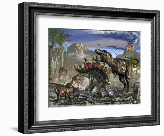 Stegosaurus Defending Himself from T-Rex and Some Utahraptors-Stocktrek Images-Framed Premium Giclee Print