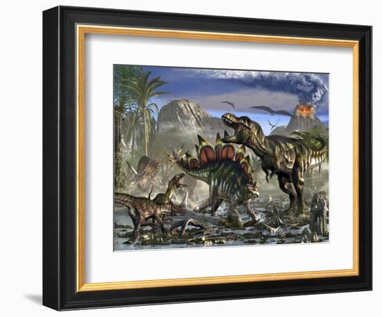 Stegosaurus Defending Himself from T-Rex and Some Utahraptors-Stocktrek Images-Framed Premium Giclee Print